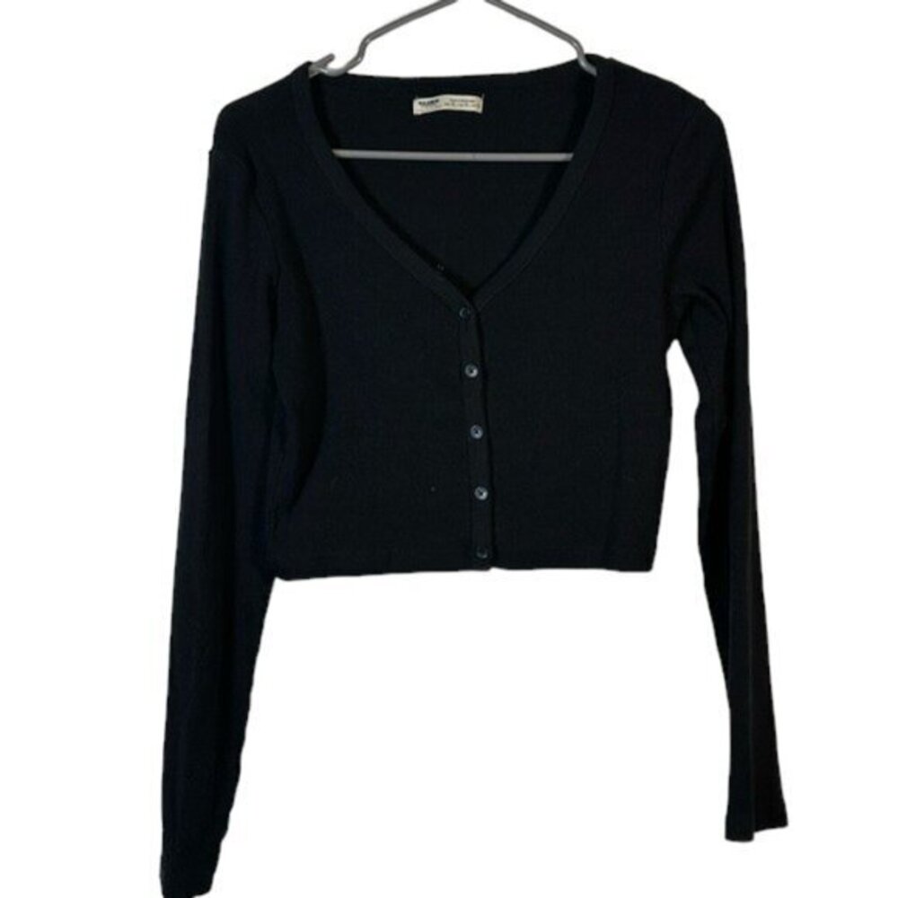 Women's Pull & Bear Black Long Sleeve Crop Button Shirt Size XL EUC #2267